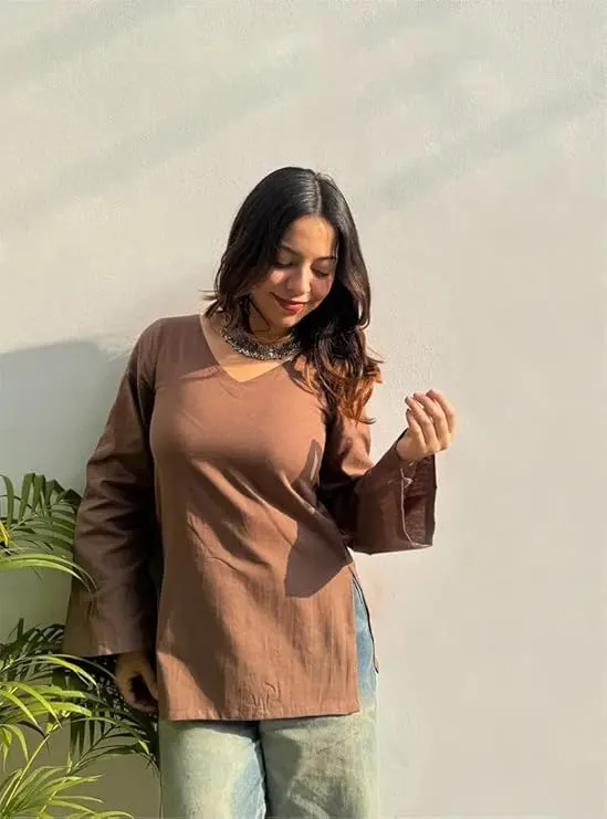 Elegant Brown V-Neck Full Sleeve Casual Kurti Top for Women - Product Details